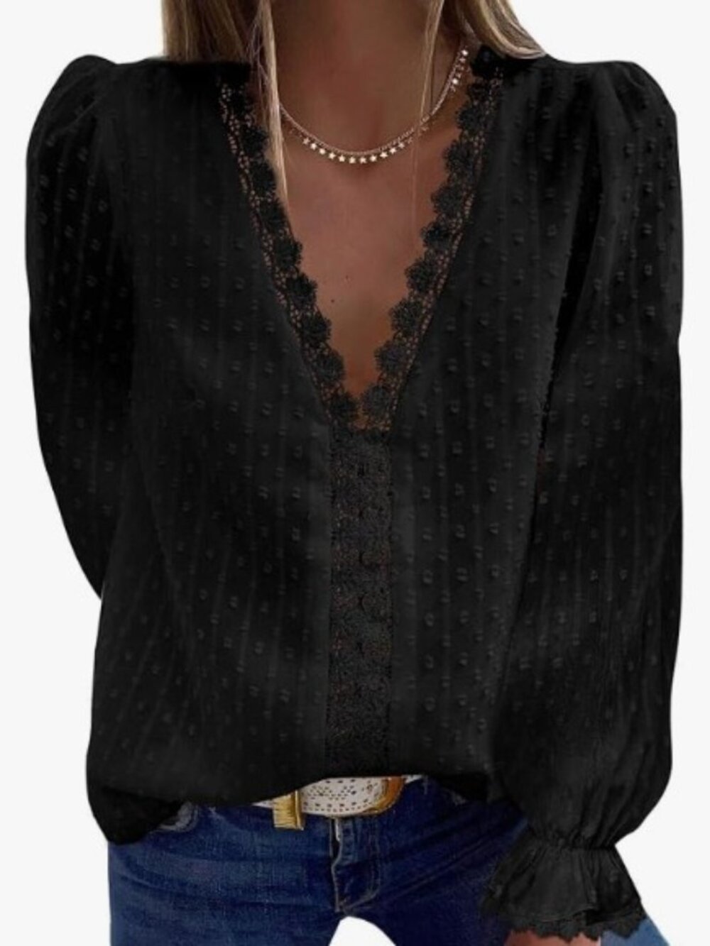 Astylish Womens Cute Tops Summer Chiffon Blouse Pom Pom Jacquard Shirt Black XXL